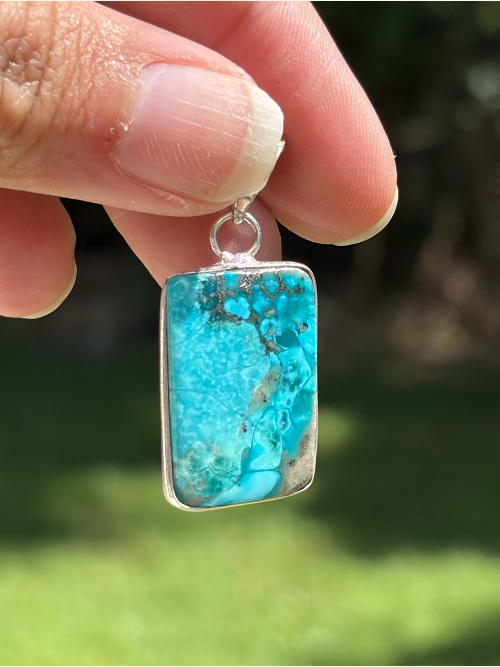 Kingman Turquoise Rectangle Pendant in 925 Silver Setting